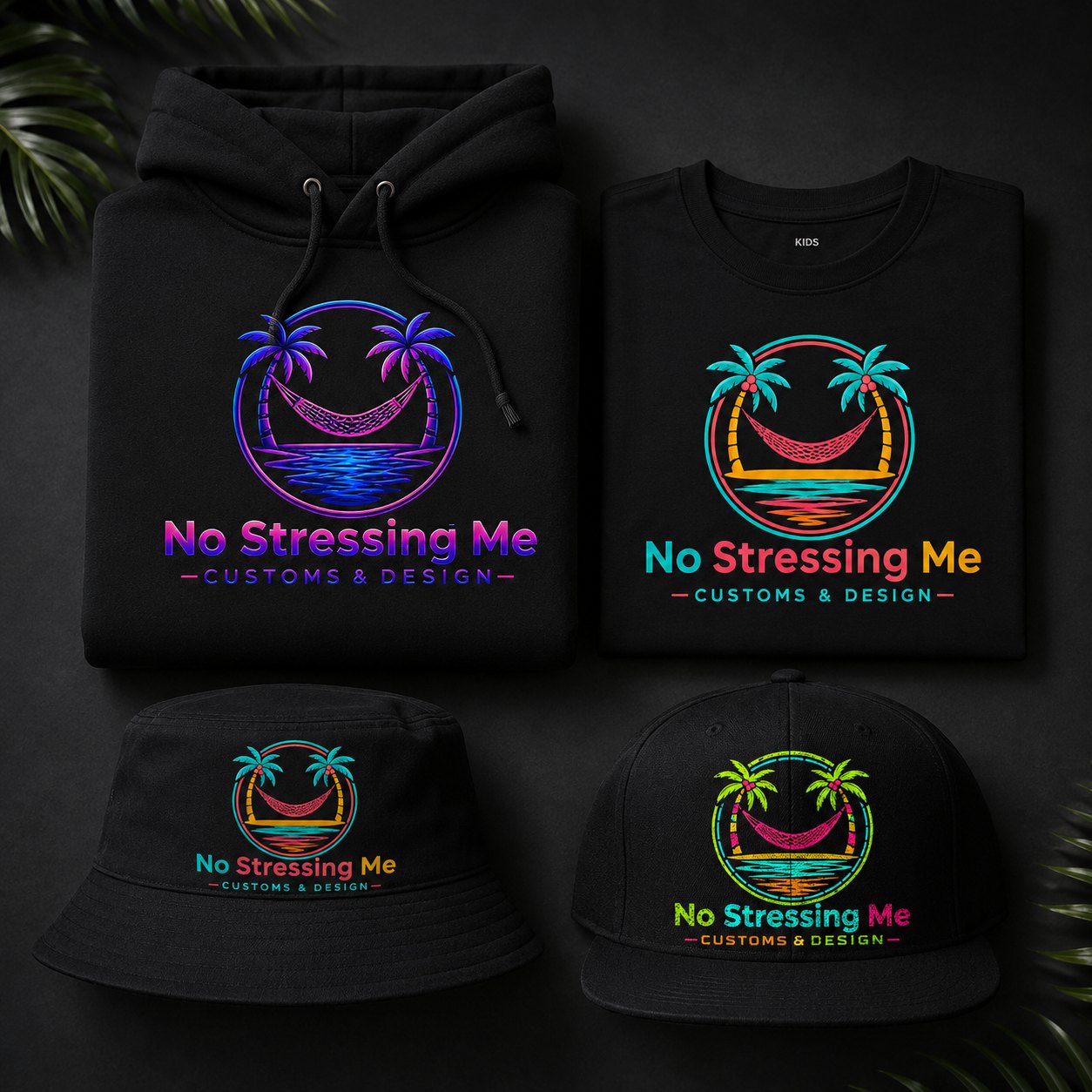 No Stressing Me folded apparel and hats mockup
